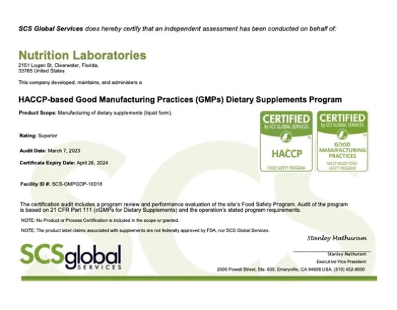 GMP certification document from by SCS Global of Nutrition Laboratories 