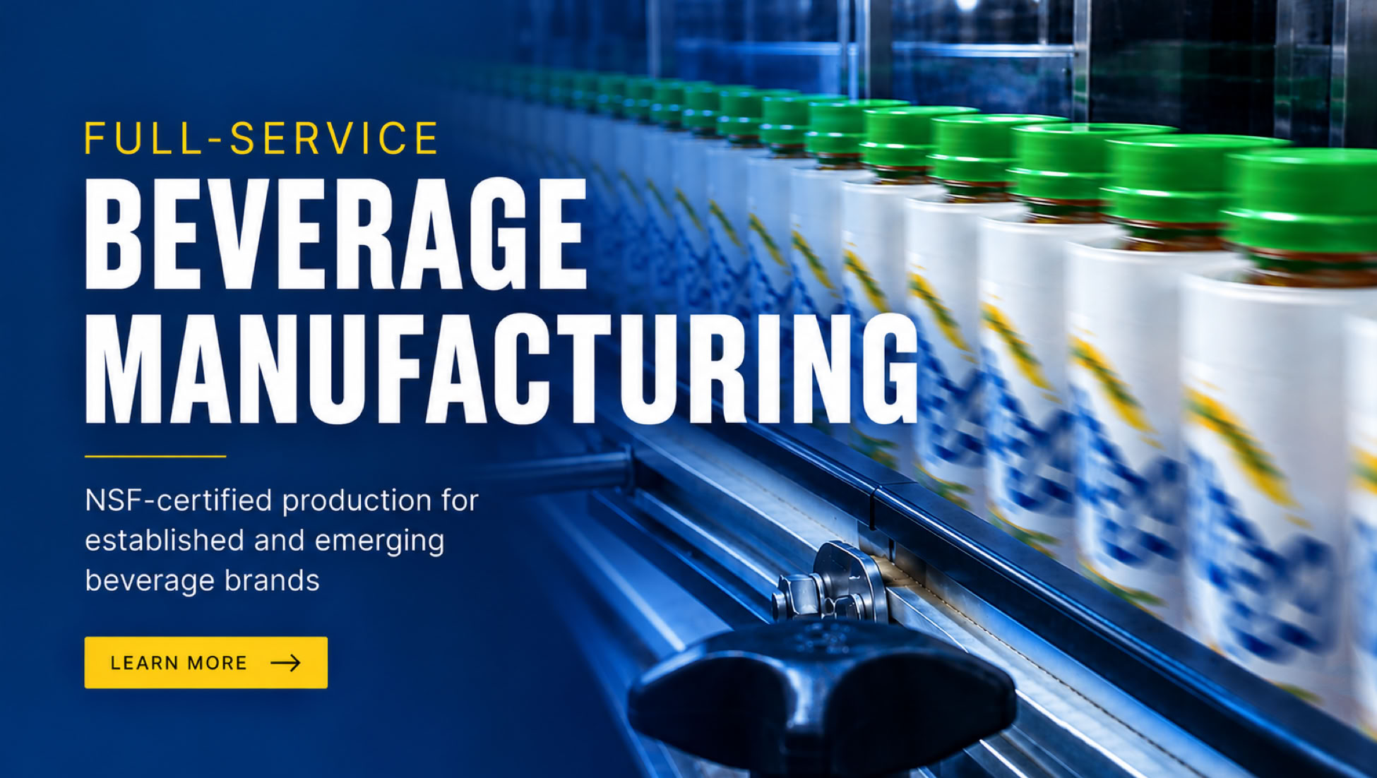 Protein drink bottles on conveyor at Nutrition Labs beverage co-packing facility in Clearwater, Florida