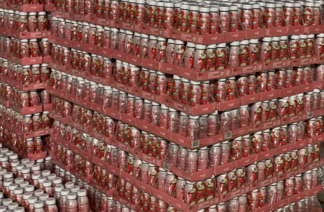 Beverages packed in trays for Costco and stacked on pallets for distribution at Nutrition Labs 
